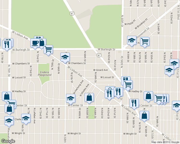 map of restaurants, bars, coffee shops, grocery stores, and more near 6431 West Girard Avenue in Milwaukee