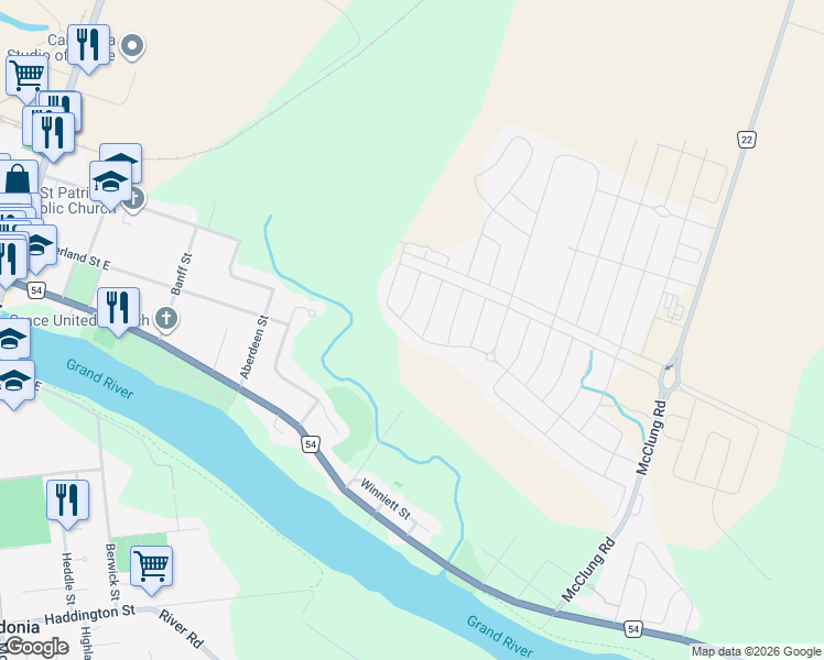map of restaurants, bars, coffee shops, grocery stores, and more near Fleming Crescent in Haldimand County