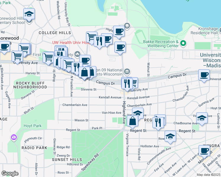 map of restaurants, bars, coffee shops, grocery stores, and more near 2581 University Avenue in Madison