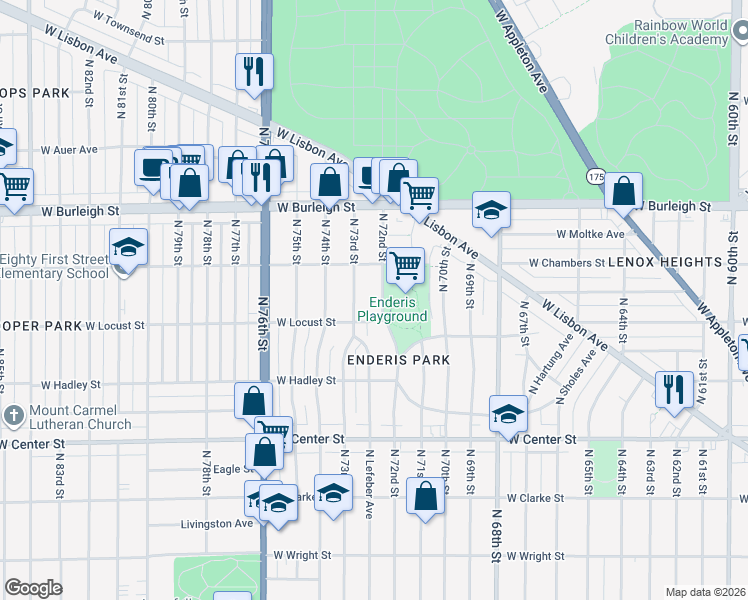 map of restaurants, bars, coffee shops, grocery stores, and more near 2929 North 72nd Street in Milwaukee