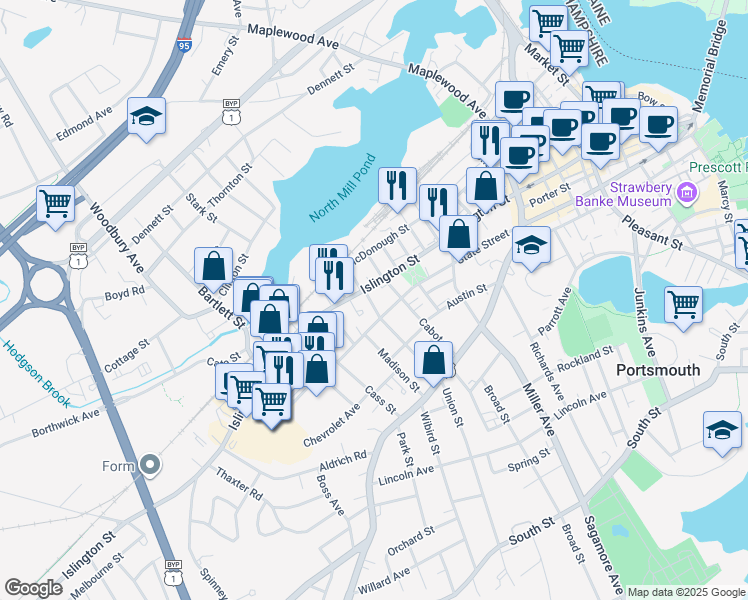map of restaurants, bars, coffee shops, grocery stores, and more near 15 Union Street in Portsmouth