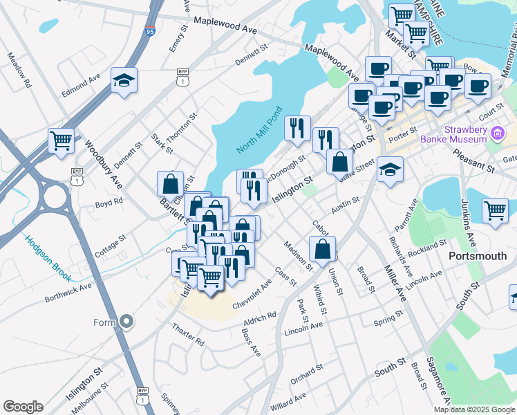 map of restaurants, bars, coffee shops, grocery stores, and more near 18 Dover Street in Portsmouth