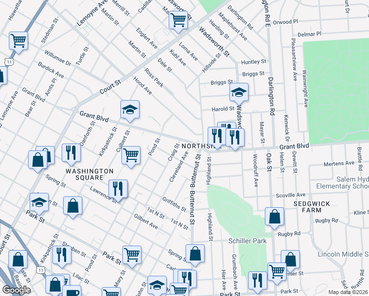 map of restaurants, bars, coffee shops, grocery stores, and more near 522 Craig Street in Syracuse