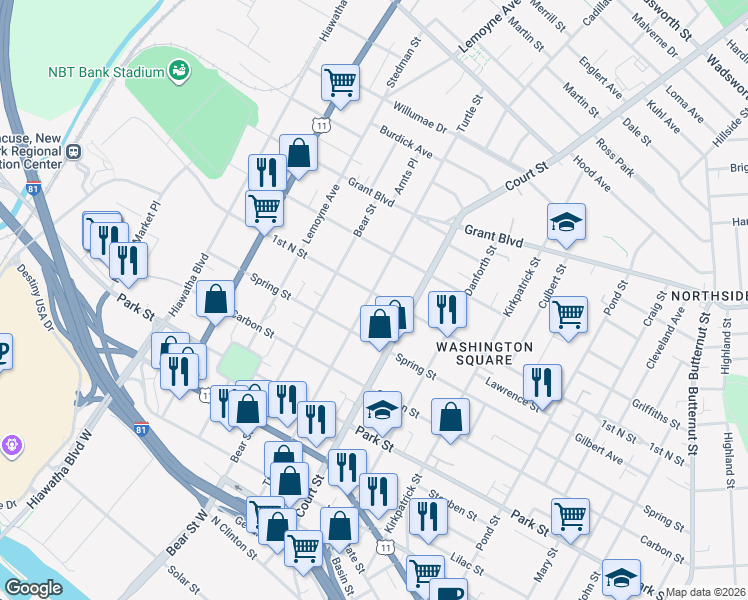 map of restaurants, bars, coffee shops, grocery stores, and more near 1212 1st North Street in Syracuse