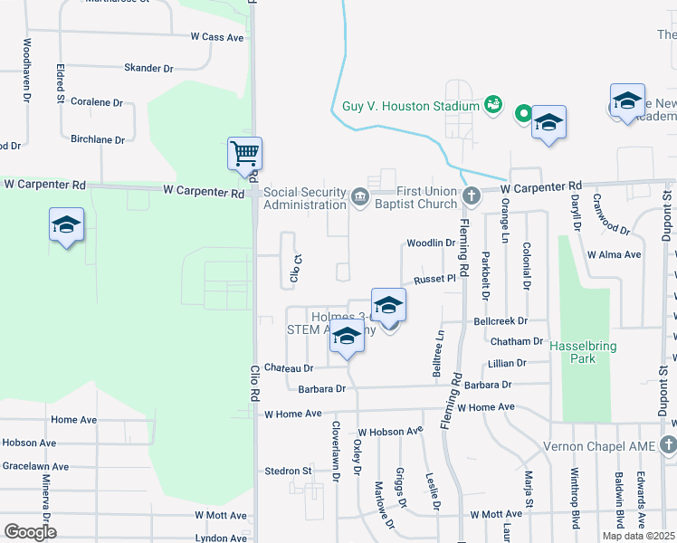 map of restaurants, bars, coffee shops, grocery stores, and more near 6601 Oxley Drive in Flint