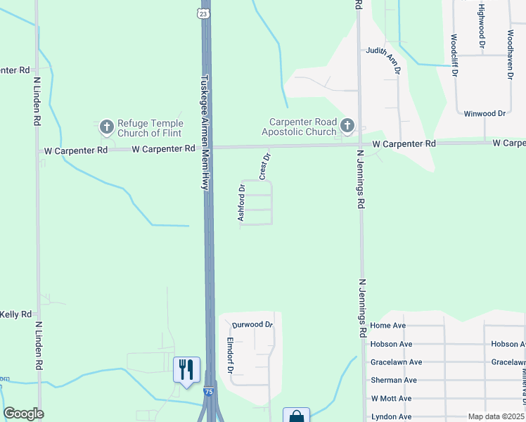 map of restaurants, bars, coffee shops, grocery stores, and more near 129 Pine Bluff in Flint