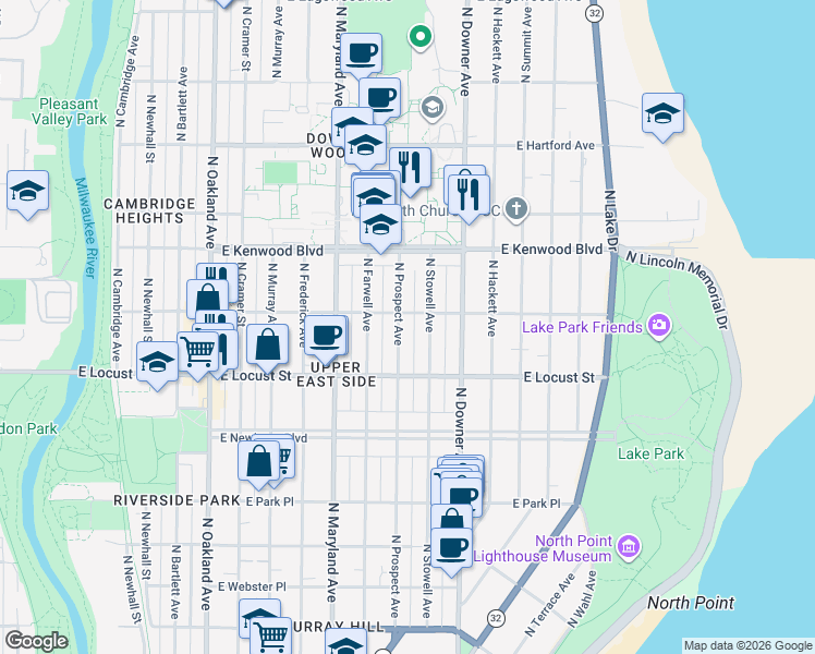 map of restaurants, bars, coffee shops, grocery stores, and more near 2971 North Prospect Avenue in Milwaukee
