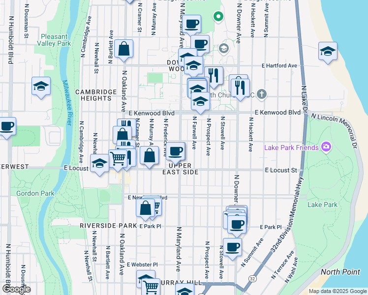 map of restaurants, bars, coffee shops, grocery stores, and more near 2963 North Farwell Avenue in Milwaukee