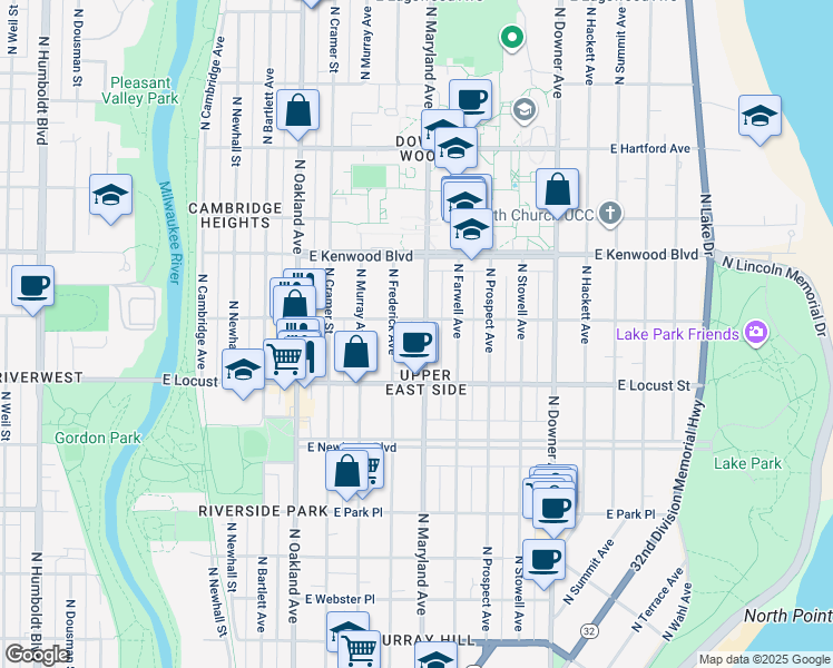 map of restaurants, bars, coffee shops, grocery stores, and more near 2971 North Maryland Avenue in Milwaukee