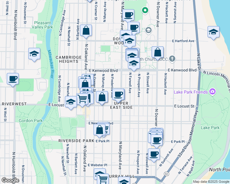 map of restaurants, bars, coffee shops, grocery stores, and more near 2971 North Maryland Avenue in Milwaukee