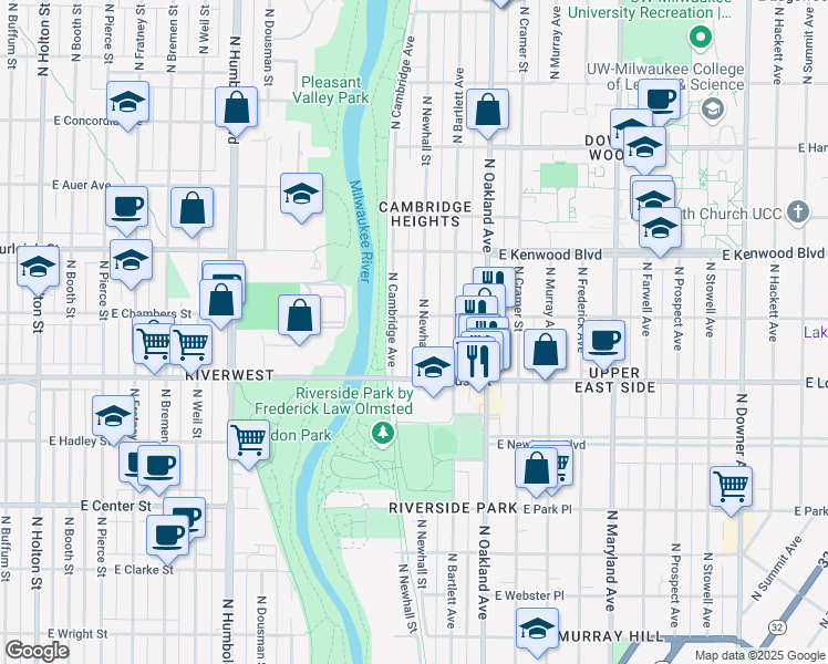 map of restaurants, bars, coffee shops, grocery stores, and more near 2966 North Cambridge Avenue in Milwaukee