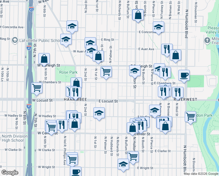 map of restaurants, bars, coffee shops, grocery stores, and more near 2958 North Palmer Street in Milwaukee