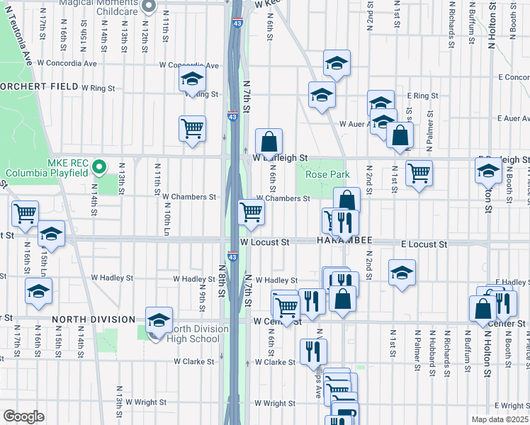 map of restaurants, bars, coffee shops, grocery stores, and more near 2956 North 7th Street in Milwaukee