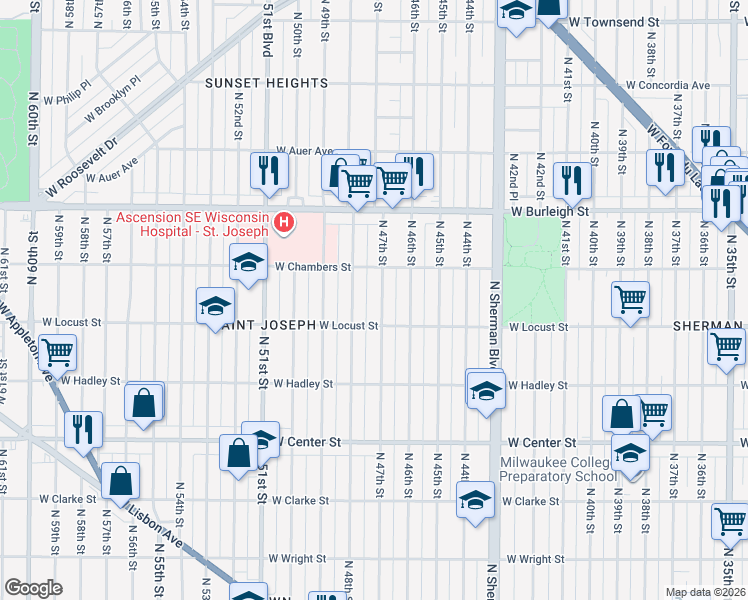 map of restaurants, bars, coffee shops, grocery stores, and more near 2940 North 47th Street in Milwaukee