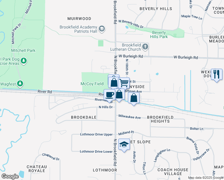 map of restaurants, bars, coffee shops, grocery stores, and more near 2865 North Brookfield Road in Brookfield
