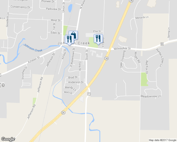 map of restaurants, bars, coffee shops, grocery stores, and more near 313 South St in Johnson Creek