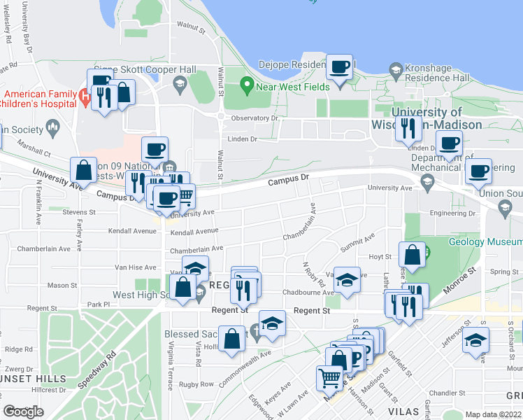 map of restaurants, bars, coffee shops, grocery stores, and more near 2121 University Avenue in Madison