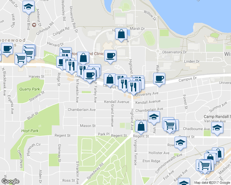 map of restaurants, bars, coffee shops, grocery stores, and more near 2601 University Avenue in Madison