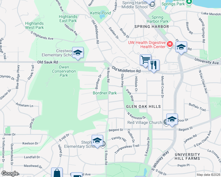 map of restaurants, bars, coffee shops, grocery stores, and more near 413 North Rosa Road in Madison
