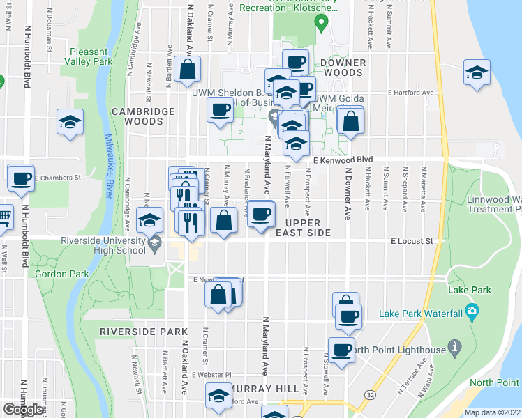 map of restaurants, bars, coffee shops, grocery stores, and more near 2963 North Maryland Avenue in Milwaukee
