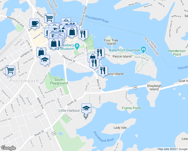 map of restaurants, bars, coffee shops, grocery stores, and more near 19 South Street in Portsmouth
