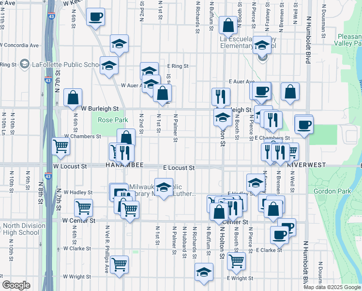 map of restaurants, bars, coffee shops, grocery stores, and more near 2958 North Palmer Street in Milwaukee