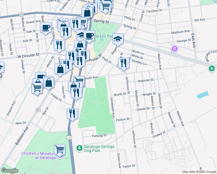 map of restaurants, bars, coffee shops, grocery stores, and more near 12 Vanderbilt Avenue in Saratoga Springs