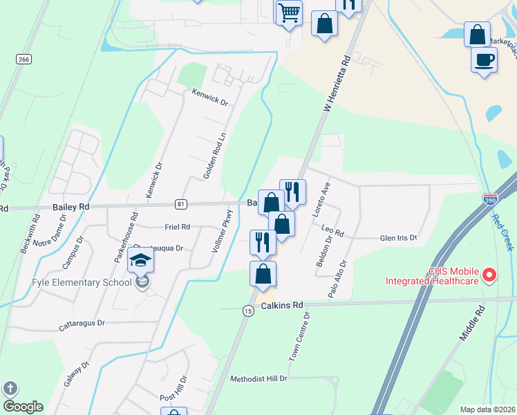 map of restaurants, bars, coffee shops, grocery stores, and more near 915 Bailey Road in Rochester