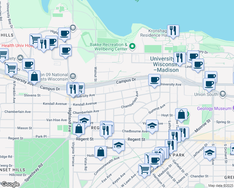 map of restaurants, bars, coffee shops, grocery stores, and more near 2121 University Avenue in Madison