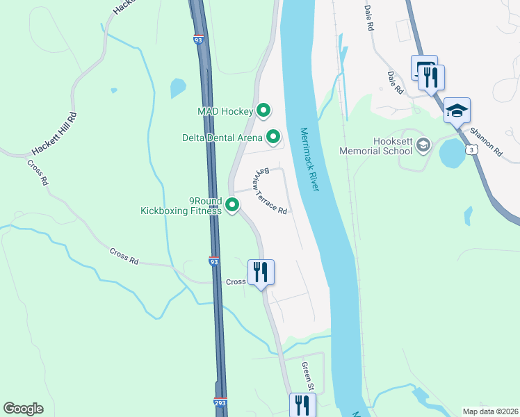 map of restaurants, bars, coffee shops, grocery stores, and more near 12 Bayview Terrace Road in Hooksett