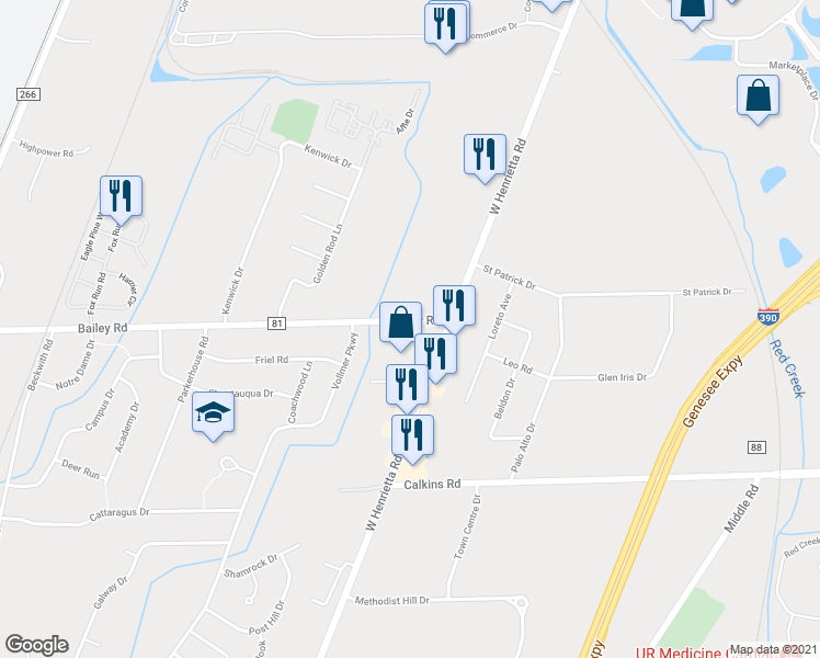 map of restaurants, bars, coffee shops, grocery stores, and more near 915 Bailey Rd in Rochester