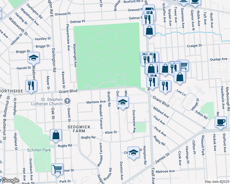 map of restaurants, bars, coffee shops, grocery stores, and more near 525 Durston Avenue in Syracuse