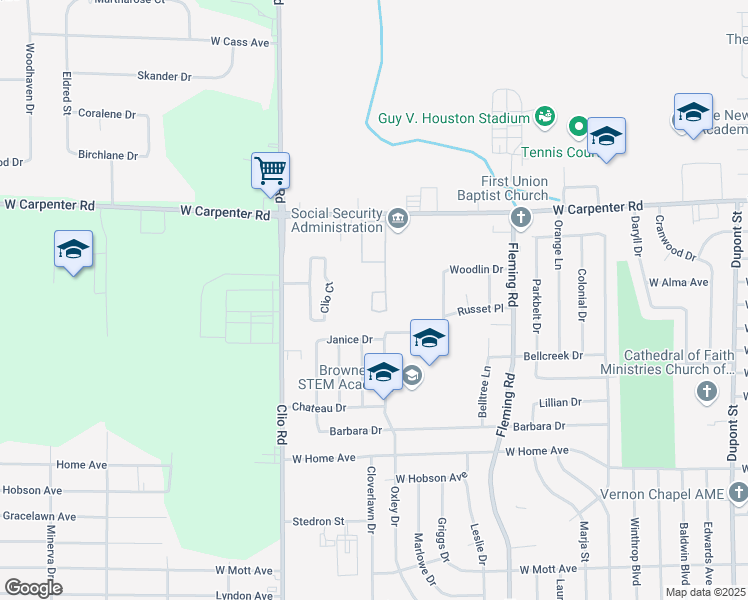 map of restaurants, bars, coffee shops, grocery stores, and more near 6601 Oxley Drive in Flint
