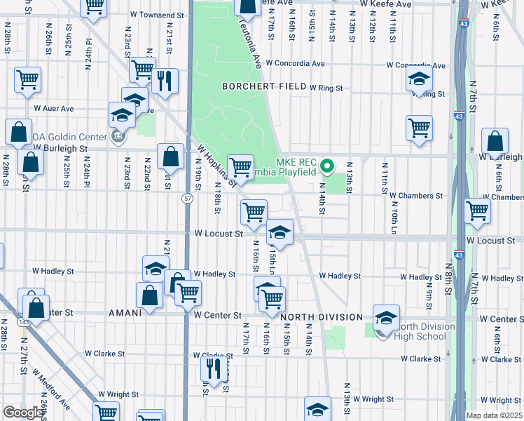 map of restaurants, bars, coffee shops, grocery stores, and more near 1590 West Hopkins Street in Milwaukee