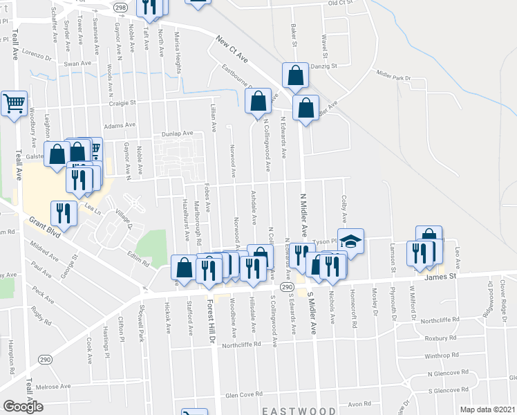 map of restaurants, bars, coffee shops, grocery stores, and more near 260 Ashdale Avenue in Syracuse