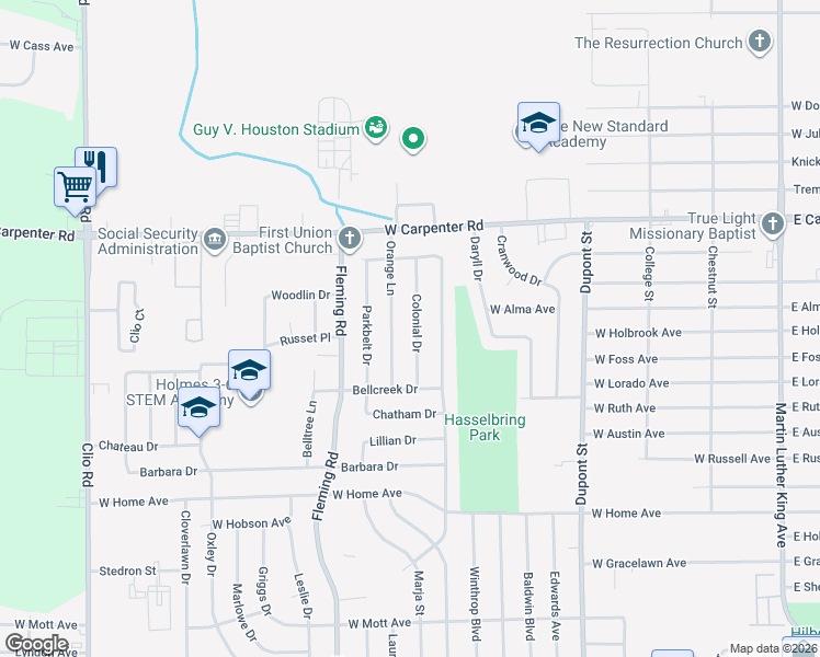 map of restaurants, bars, coffee shops, grocery stores, and more near 6709 Colonial Drive in Flint