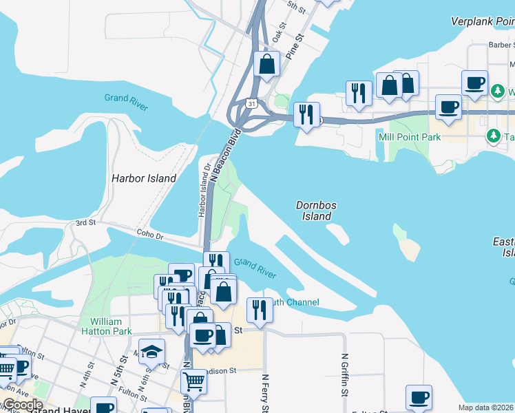 map of restaurants, bars, coffee shops, grocery stores, and more near 38 Grand Isle Drive in Grand Haven