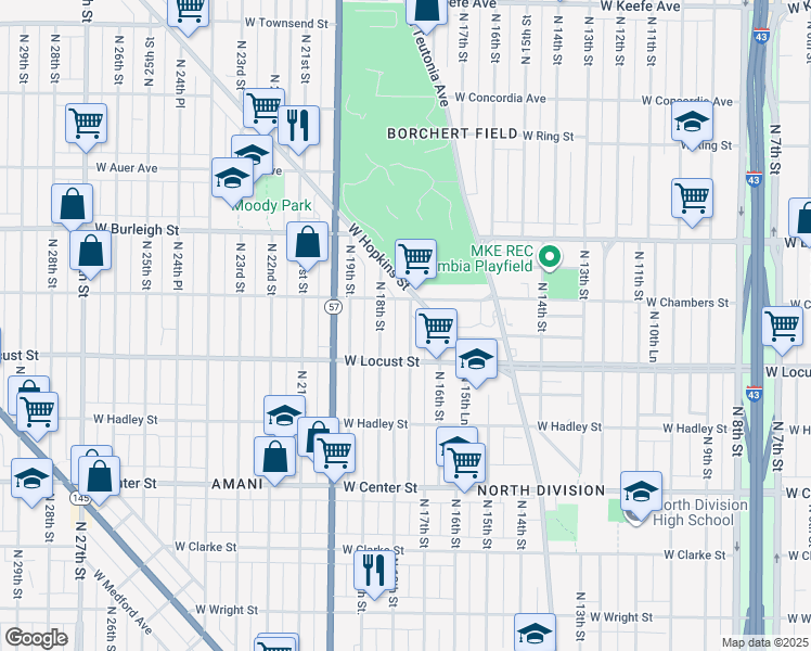 map of restaurants, bars, coffee shops, grocery stores, and more near 2947 North 17th Street in Milwaukee