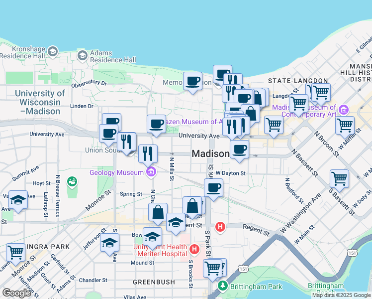 map of restaurants, bars, coffee shops, grocery stores, and more near 306 North Brooks Street in Madison