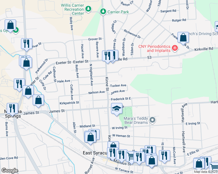 map of restaurants, bars, coffee shops, grocery stores, and more near 424 Kinne Street in East Syracuse
