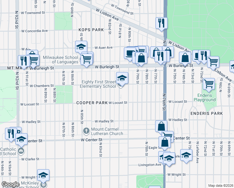 map of restaurants, bars, coffee shops, grocery stores, and more near 2937 North 81st Street in Milwaukee