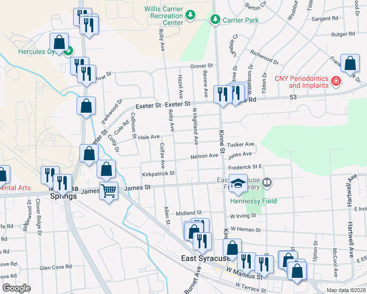 map of restaurants, bars, coffee shops, grocery stores, and more near 201 Avon Street in East Syracuse