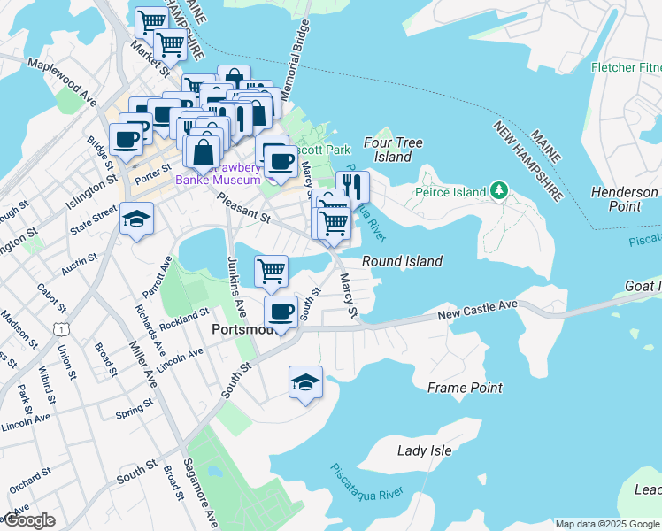 map of restaurants, bars, coffee shops, grocery stores, and more near 19 South Street in Portsmouth