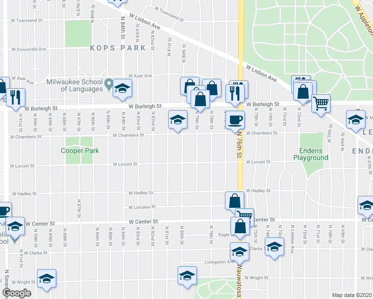 map of restaurants, bars, coffee shops, grocery stores, and more near 2936 North 80th Street in Milwaukee