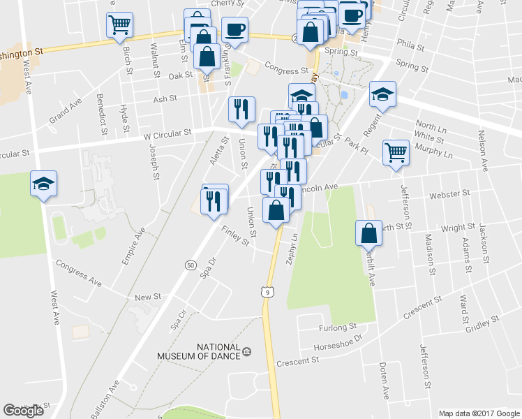 map of restaurants, bars, coffee shops, grocery stores, and more near 131 Hamilton Street in Saratoga Springs