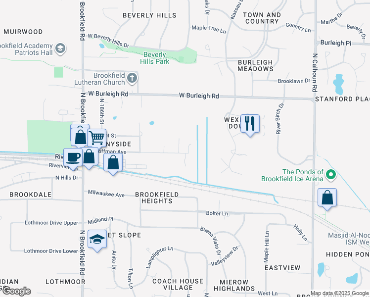 map of restaurants, bars, coffee shops, grocery stores, and more near 18060 Hoffman Avenue in Brookfield