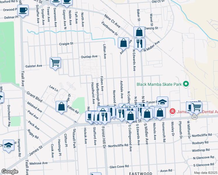 map of restaurants, bars, coffee shops, grocery stores, and more near 265 Norwood Avenue in Syracuse