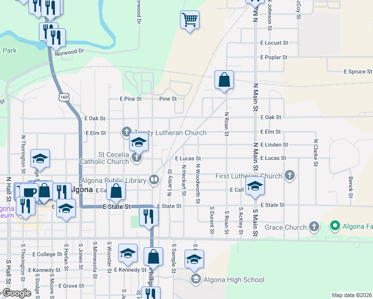 map of restaurants, bars, coffee shops, grocery stores, and more near 400-498 North Heckart Street in Algona