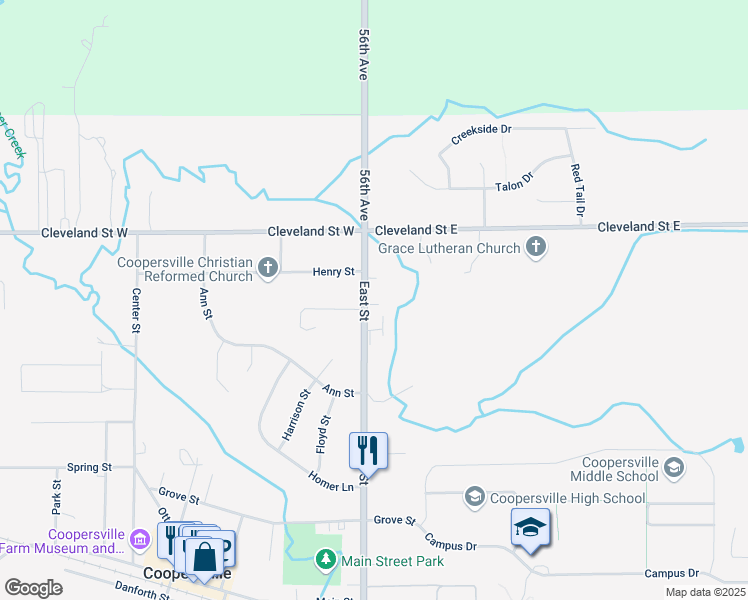map of restaurants, bars, coffee shops, grocery stores, and more near 650 East Street in Coopersville