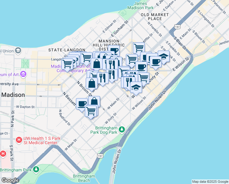 map of restaurants, bars, coffee shops, grocery stores, and more near 31 South Henry Street in Madison